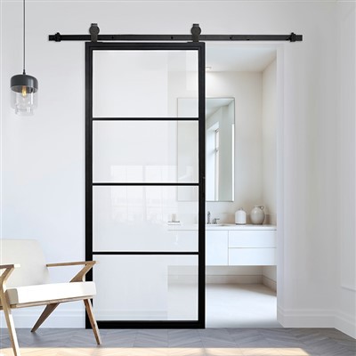 Modern Steel Framed 4 Lites Glass Barn Door With Hardware